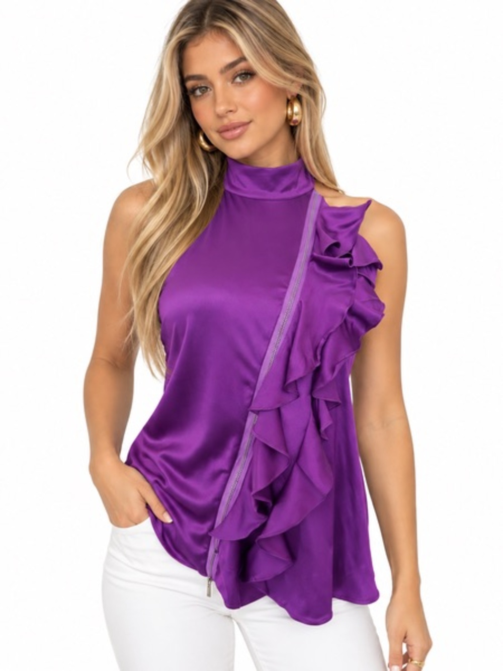 Vintage Bebe Y2K Purple Silk Blend Asymmetrical Ruffle Zip Tunic Top -Size L NWT